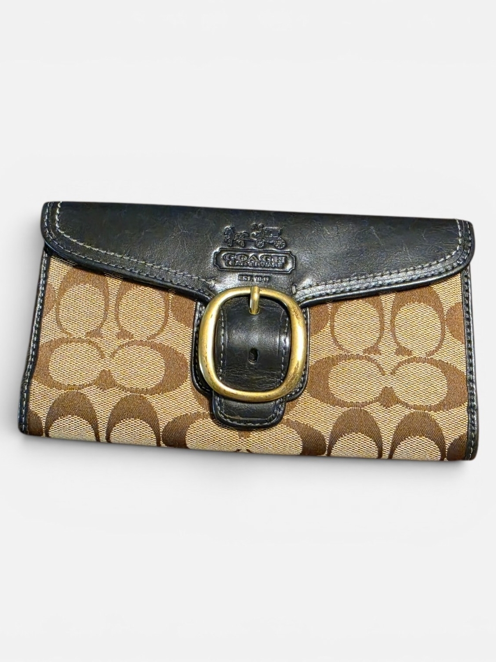 Coach Signature Canvas and Black Leather Wallet with Buckle